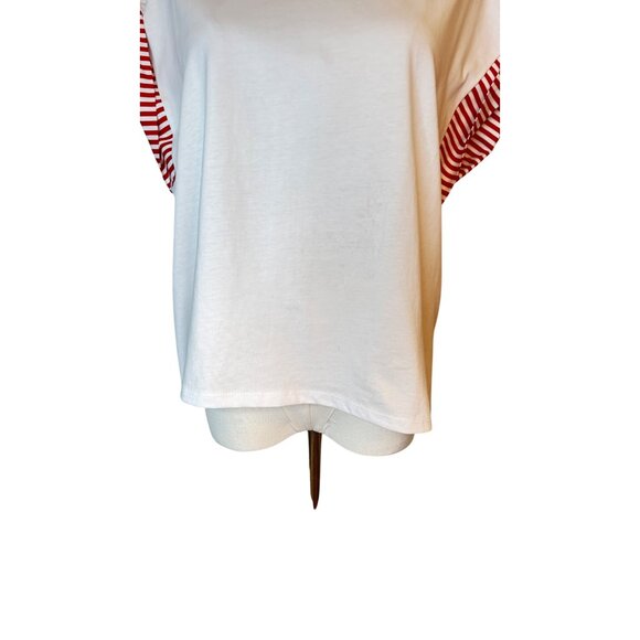 NWT Zara Medium White T-Shirt With Red Striped Flutter Sleeves 100% Cotton - Picture 13 of 14
